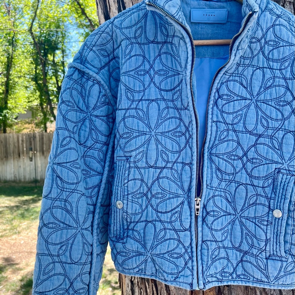 Light Blue Quilted Floral Zip Jacket
